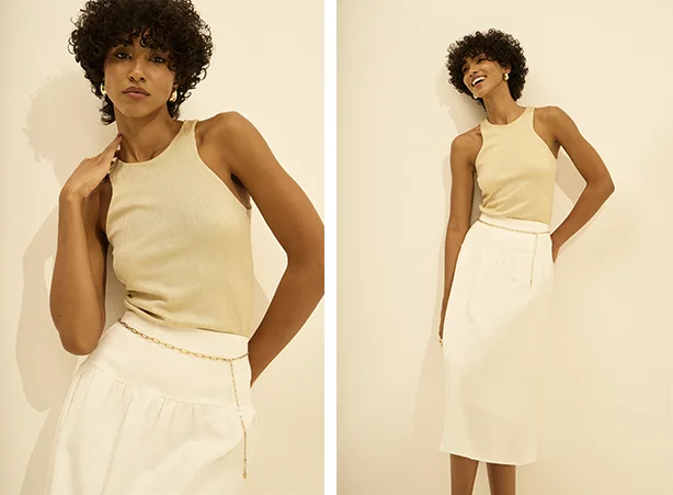 Look com saia branca e regata básica