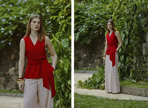 Look para o Ano Novo: calça pantalona branca e blusa vermelha