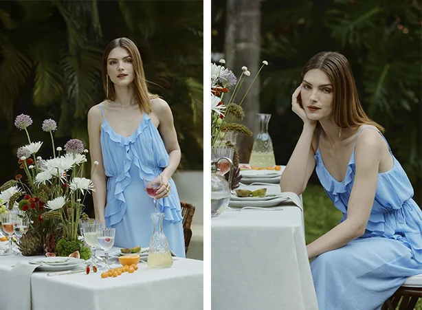 Look com vestido midi de babados em tecido fluido Look com vestido midi de babados em tecido fluido