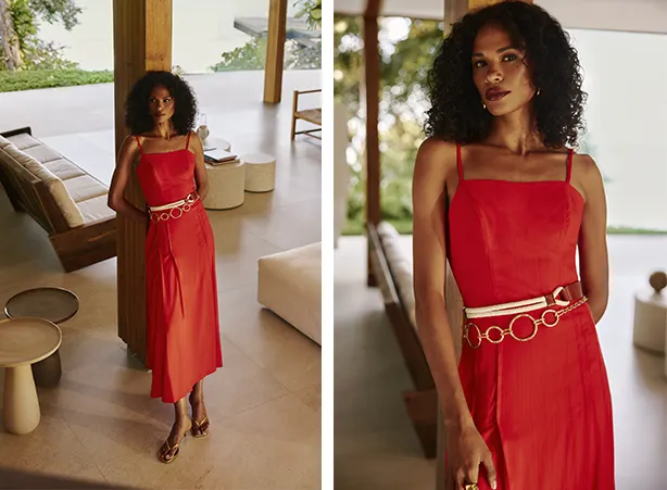 Look vermelho com vestido midi