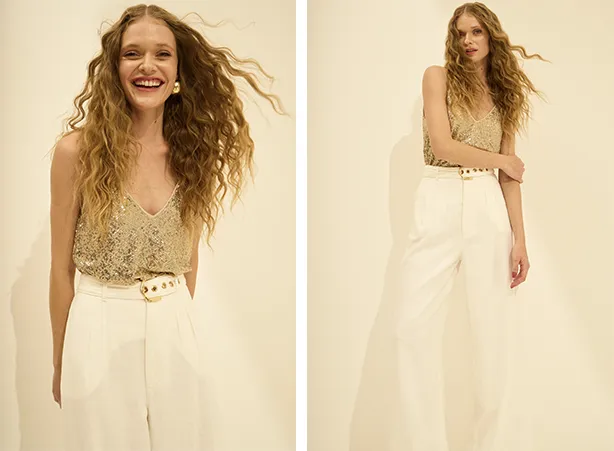 Composição feminina com branco e paetê Composição feminina com branco e paetê