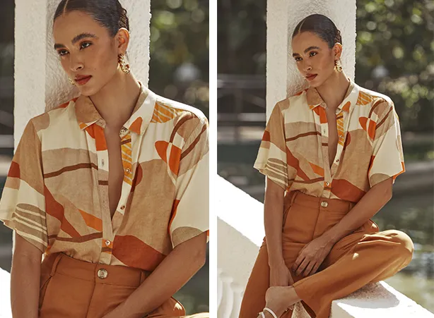 Look de Natal com calça de alfaiataria e camisa de estampa orgânica Look de Natal com calça de alfaiataria e camisa de estampa orgânica