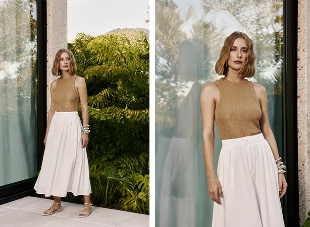 Look de Natal com saia branca em tecido mais leve e fluido Look de Natal com saia branca em tecido mais leve e fluido