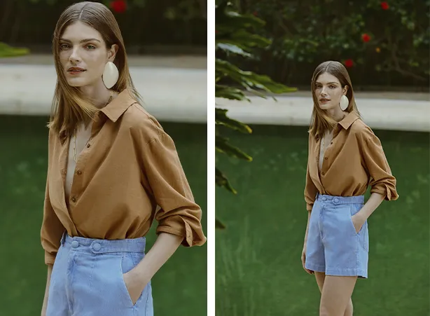 Como usar camisa feminina de manga longa com um short jeans Como usar camisa feminina de manga longa com um short jeans