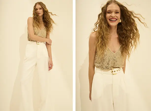 Look com paetê de regata e calça Look com paetê de regata e calça