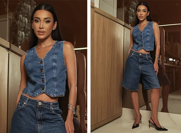 Look all jeans com bermuda estilo jorts