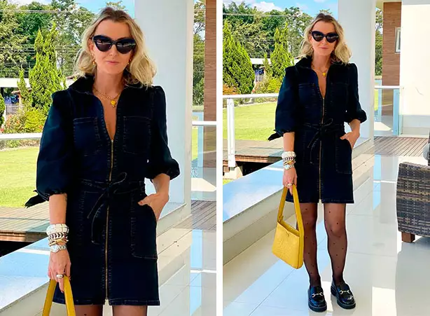 Modelo de vestido jeans com mangas 7/8 Modelo de vestido jeans com mangas 7/8