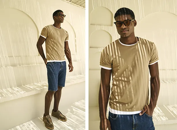 Composição masculina com bermuda jeans e camiseta