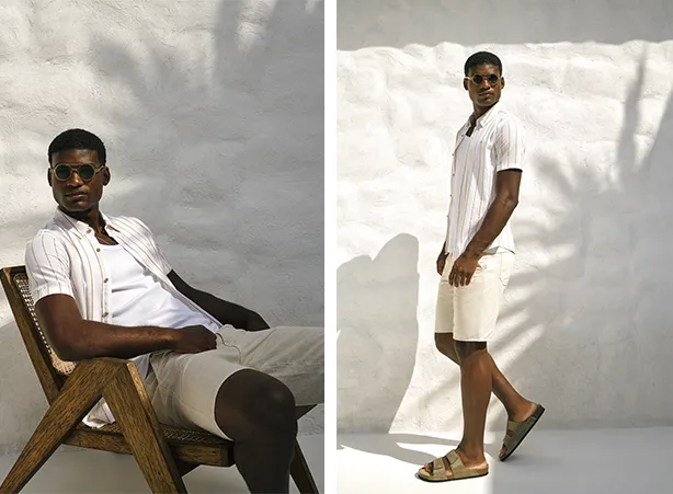 Look masculino com bermuda em tom de bege