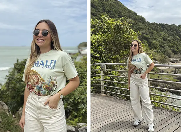 Look despojado feminino com calça clara e camiseta Look despojado feminino com calça clara e camiseta