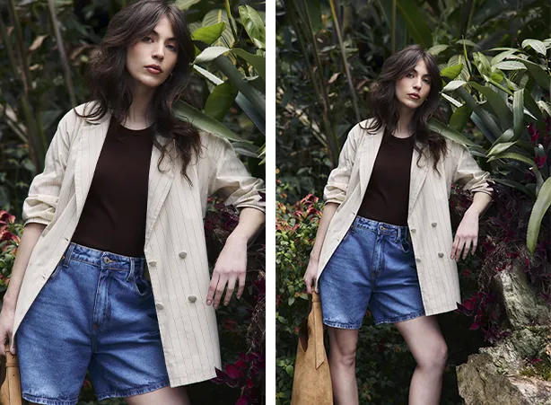 Look casual feminino com bermuda jeans e blazer Look casual feminino com bermuda jeans e blazer