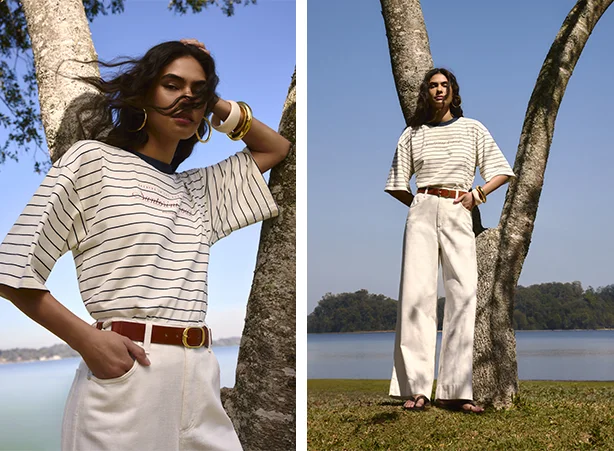 Estilo navy com calça pantalona branca e camiseta listrada Estilo navy com calça pantalona branca e camiseta listrada