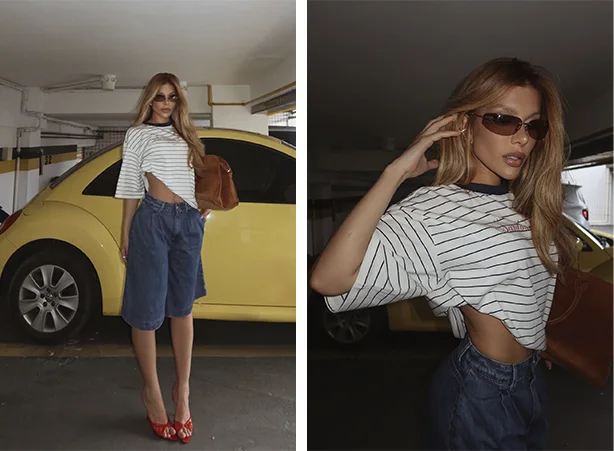 Composição com pantalona off white e t-shirt navy Composição com pantalona off white e t-shirt navy