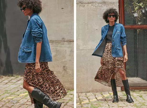 Look com estampada e blazer jeans Look com estampada e blazer jeans