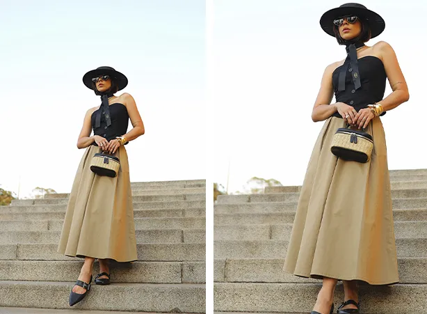 Looks com saia midi cáqui e blusa sem alça Looks com saia midi cáqui e blusa sem alça