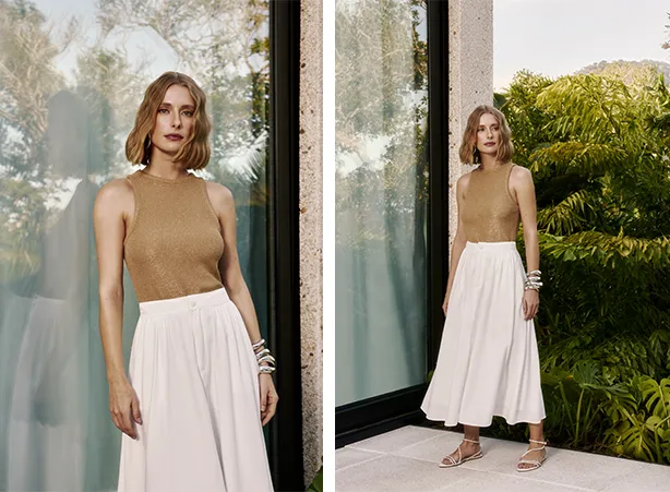 Look feminino com blusa bege em tecido brilhante Look feminino com blusa bege em tecido brilhante