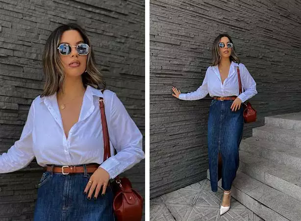 Looks com saia jeans midi e camisa branca Looks com saia jeans midi e camisa branca