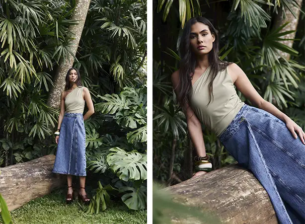 Looks com saia midi jeans e blusa de ombro único Looks com saia midi jeans e blusa de ombro único
