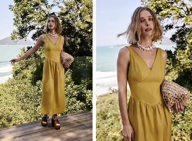 Looks com vestido longo de verão tom Acacia