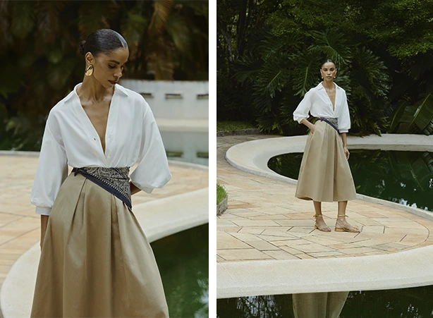 Composição com saia midi cáqui