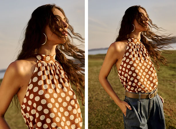 Look feminino com blusa de estampa poá