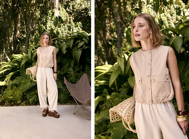 Combinação minimalista com colete e calça barrel