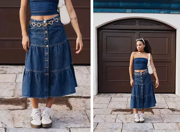 Look jeans com cropped sem alça e saia midi Look jeans com cropped sem alça e saia midi