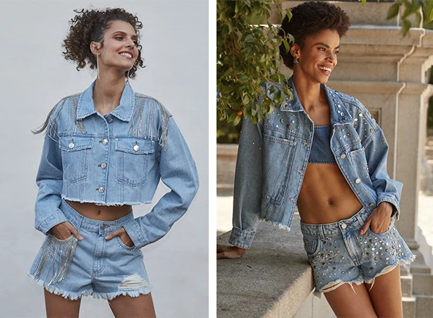 Conjuntos all denim de short e jaqueta Conjuntos all denim de short e jaqueta