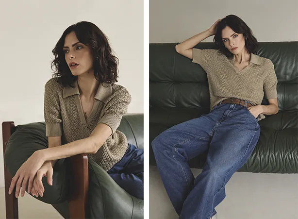 Look com blusa em aspecto de tricô e calça jeans