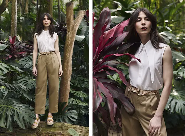 Look feminino com camisa sem mangas com gola alongada