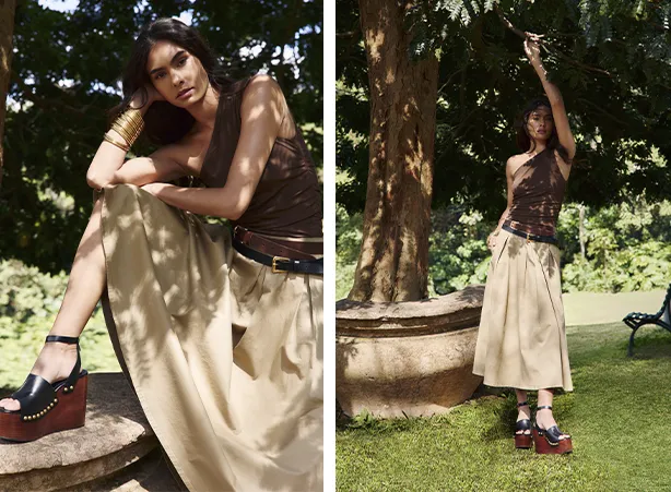 Look com saia cáqui estruturada