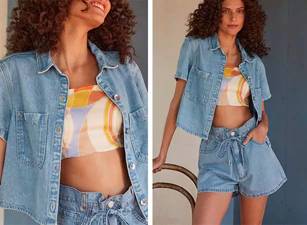 Conjuntos em denim com cropped estampado Conjuntos em denim com cropped estampado