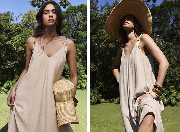Looks com vestido longo de verão em tons neutros Looks com vestido longo de verão em tons neutros