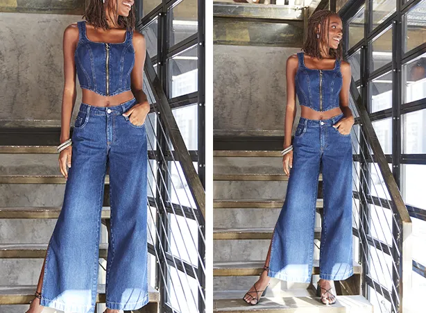 Conjunto all jeans de calça e cropped