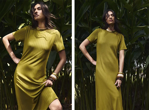 Look feminino em comprimento midi e tecido canelado Look feminino em comprimento midi e tecido canelado