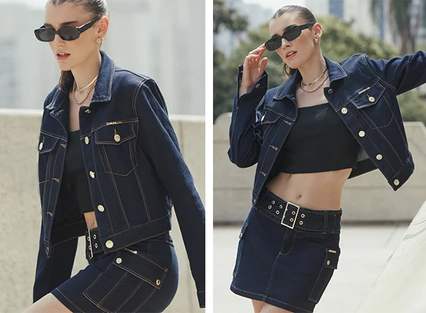 Look com saia jeans curta Look com saia jeans curta