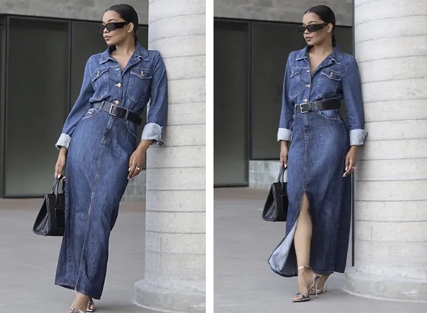 Look com saia jeans longa Look com saia jeans longa