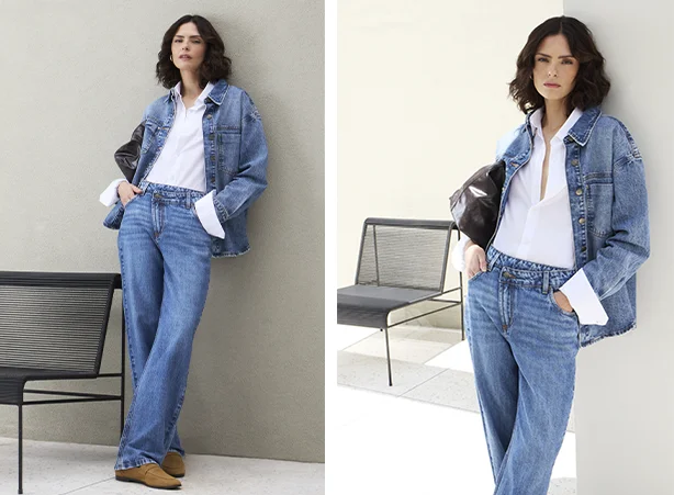 Conjunto de camisa branca e jeans Conjunto de camisa branca e jeans