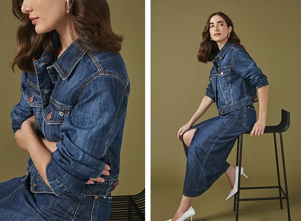 Looks com saia jeans e jaqueta em tom escuro Looks com saia jeans e jaqueta em tom escuro