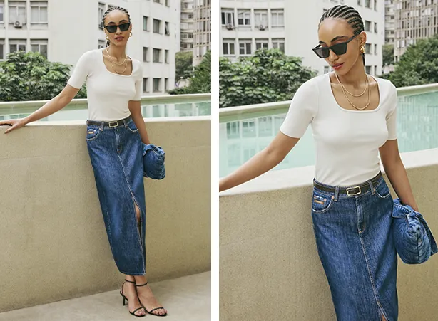 Mood básico com a combinação de branco e denim Mood básico com a combinação de branco e denim