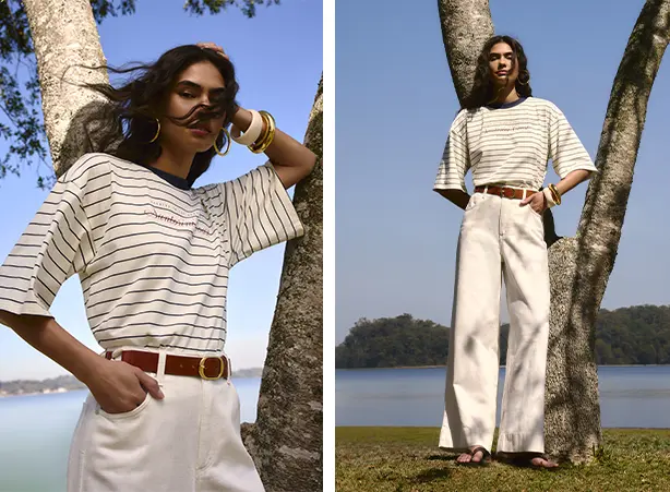 Looks com t-shirt e calça pantalona off white Looks com t-shirt e calça pantalona off white