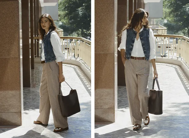 Look com camisa branca e colete jeans Look com camisa branca e colete jeans