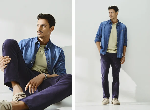 Looks masculinos com camisa jeans e calça chino azul-marinho