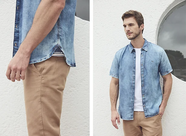 Looks com camisa jeans de manga curta e calça chino