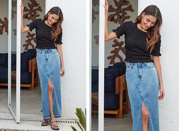 Look com blusa preta de tecido franzido e textura poá Look com blusa preta de tecido franzido e textura poá