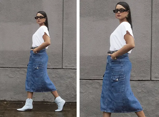 Looks com saia jeans e camiseta branca básica Looks com saia jeans e camiseta branca básica