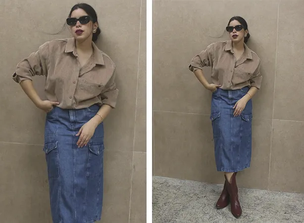 Looks de saia jeans cargo com camisa Looks de saia jeans cargo com camisa