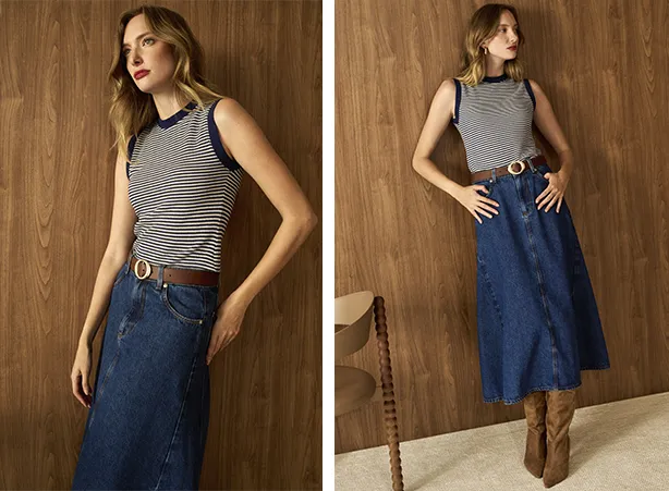 Looks com saia midi evasê e regata listrada Looks com saia midi evasê e regata listrada
