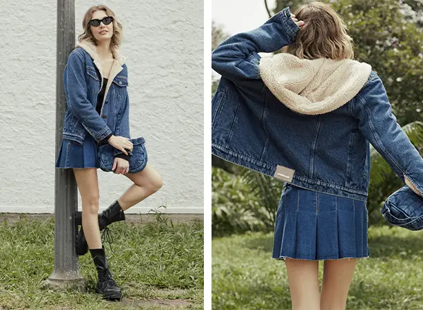 Look com saia de pregas e jaqueta jeans Look com saia de pregas e jaqueta jeans