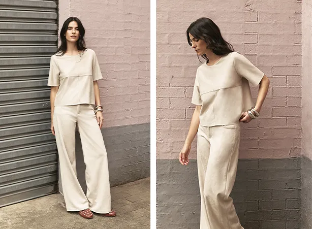 Conjunto feminino de blusa boxy e calça new flare em tom bege